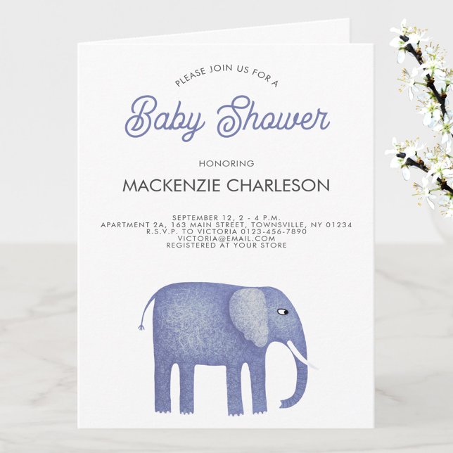 Convite Chá de fraldas de elefante (Blue elephant baby shower invitation folded card)