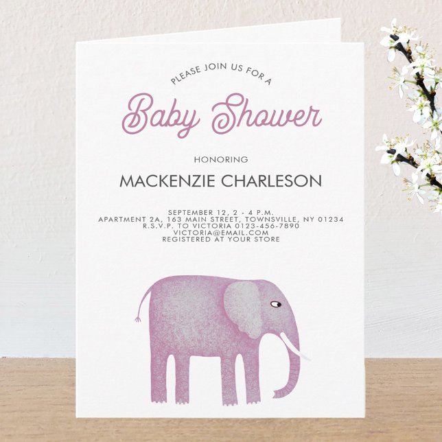 Convite Chá de fraldas de Elefante Rosa (Pink watercolor elephant baby shower folded invitation)