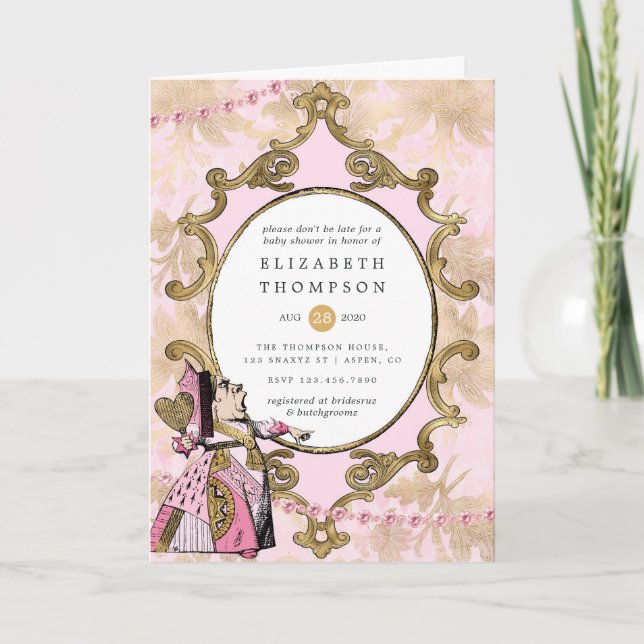 Convite Chá de fraldas Rosa e Dourada Alice no País das Ma (Frente)