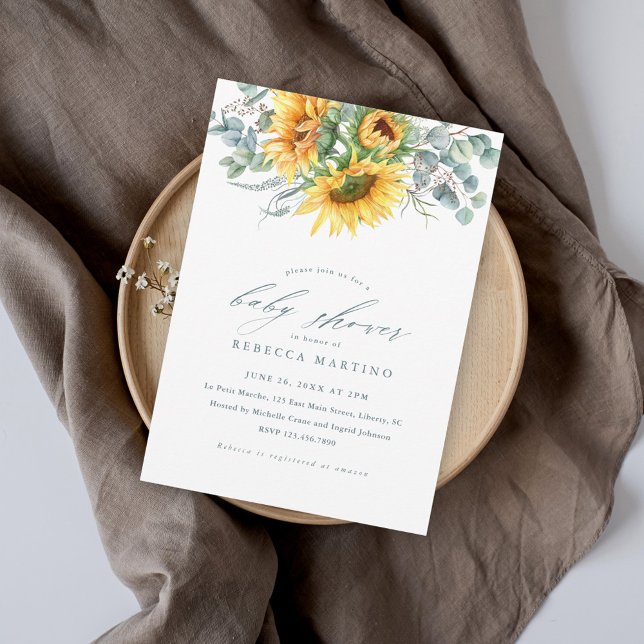 Convite Chá de panela Russo de Girassol Elegante (Elegant sunflower and eucalyptus bridal shower magnetic invitation with modern script.)