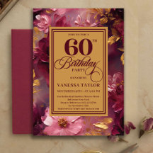 Convite Charmoso de 60 Anos com Rosas Borgonha e D