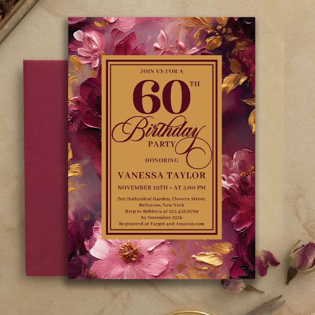 Convite Charmoso de 60 Anos com Rosas Borgonha e D (Charming 60th Birthday Burgundy Roses Gold Invitation)