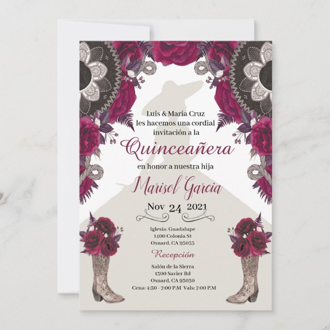 Convite Charra Quinceanera, Burgundy Mariachi (Frente)