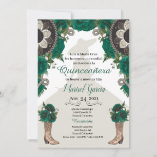 Convite Charra Quinceanera, Dourado Mariachi Verde