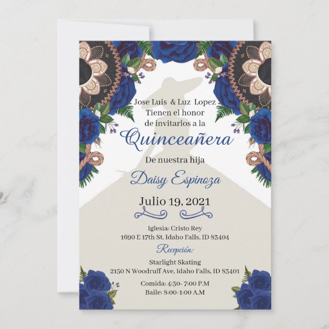 Convite Charra Quinceanera, Royal Blue Mariachi (Frente)
