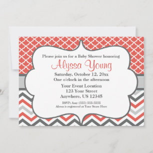 Convite Chevron para Cinza Coral Quatrefoil