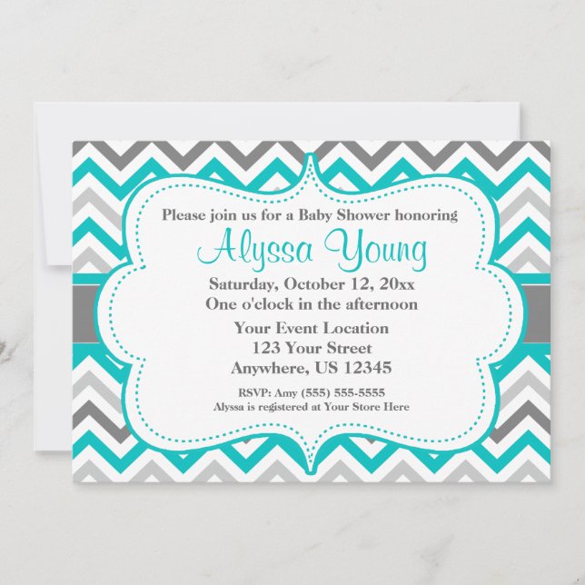 Convite Chevron Verde-Azul Cinza (Frente)