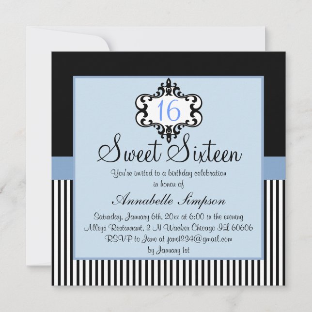 Convite Chic Azul e Preto Elegante para Sweet 16 (Frente)