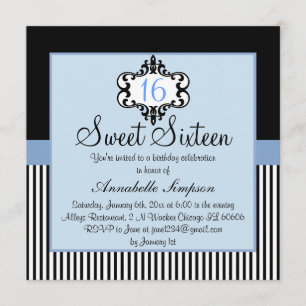 Convite Chic Azul e Preto Elegante para Sweet 16