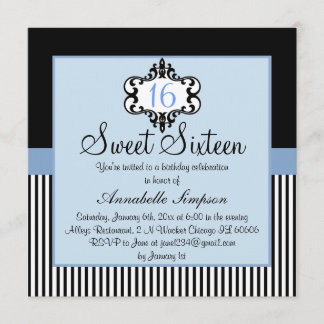 Convite Chic Azul e Preto Elegante para Sweet 16