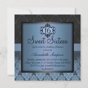 Convite Chic Azul Elegante Damask Sweet16