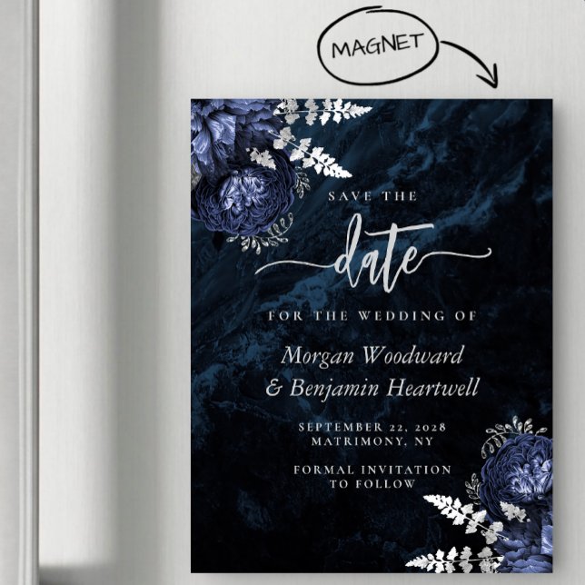Convite Chic Azul Marinho Floral Prata Casamento Save the  (Criador carregado)