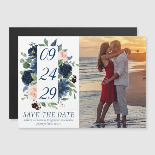 Convite Chic Blooms Marinho e Blush Photo Salvar a Data