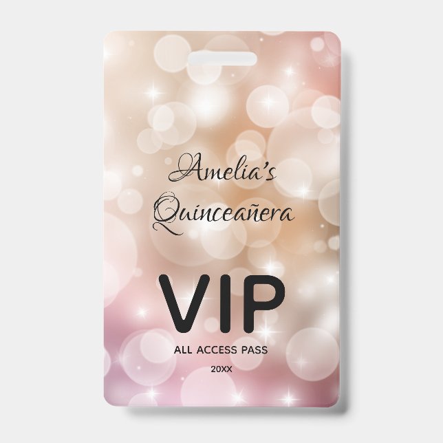 Convite Chic Blush Pink Bokeh Quinceañera Crachá V (Frente)