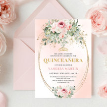 Convite Chic Blush Rosa Floral Dourado Quinceañera