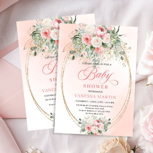 Convite Chic Boêmio Rosa Floral para Chá de Bebê M