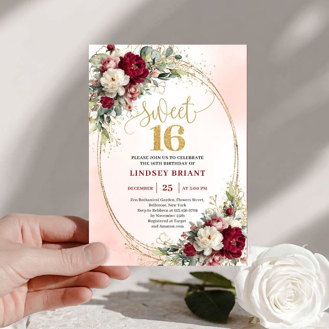 Convite Chic Boho Marsala Dourado Floral Sweet Six (Chic Boho Marsala Gold Floral Sweet Sixteen Invite)