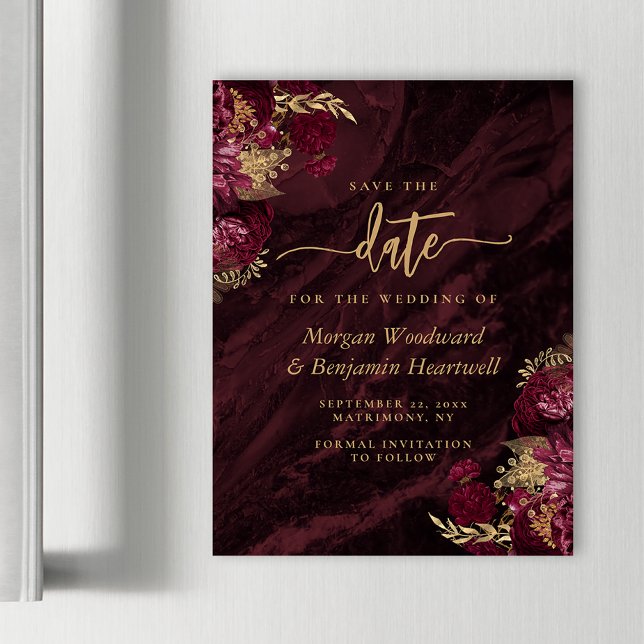 Convite Chic Burgundy Dourado Floral Casamento Save the Da (Criador carregado)