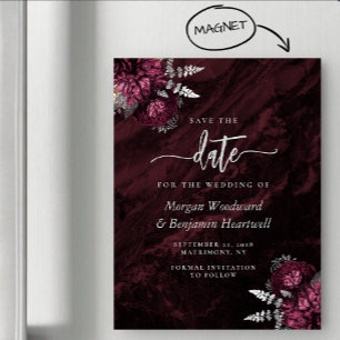 Convite Chic Burgundy Prata Floral Casamento Save the Date