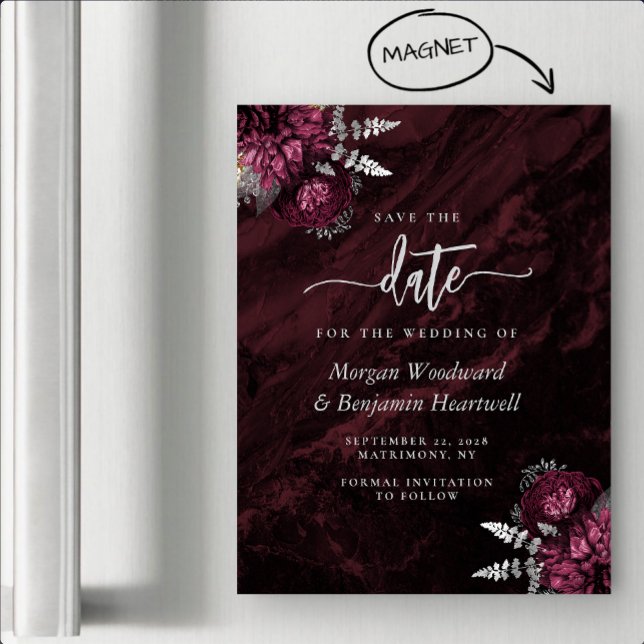 Convite Chic Burgundy Prata Floral Casamento Save the Date (Criador carregado)