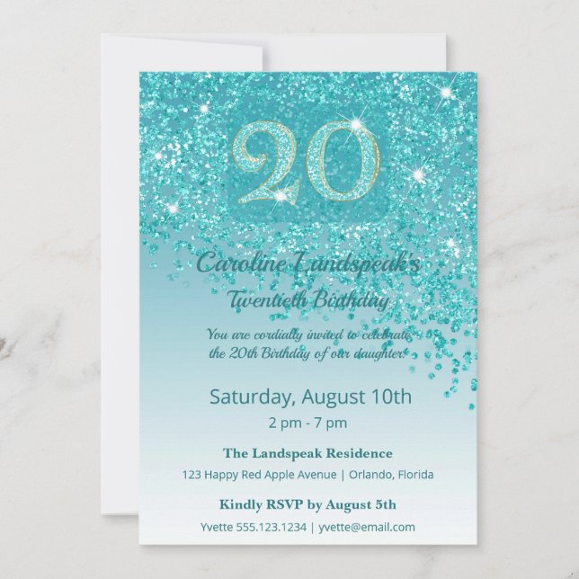 Convite Chic de 20º Aniversário com Brilho Azul Te (Frente)