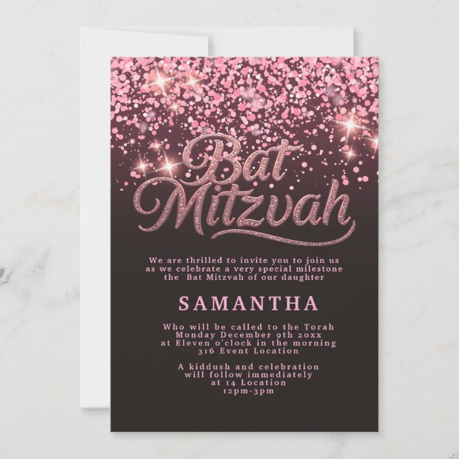 Convite Chic de Bat Mitzvah em Dourado Rosa e Pret (Frente)