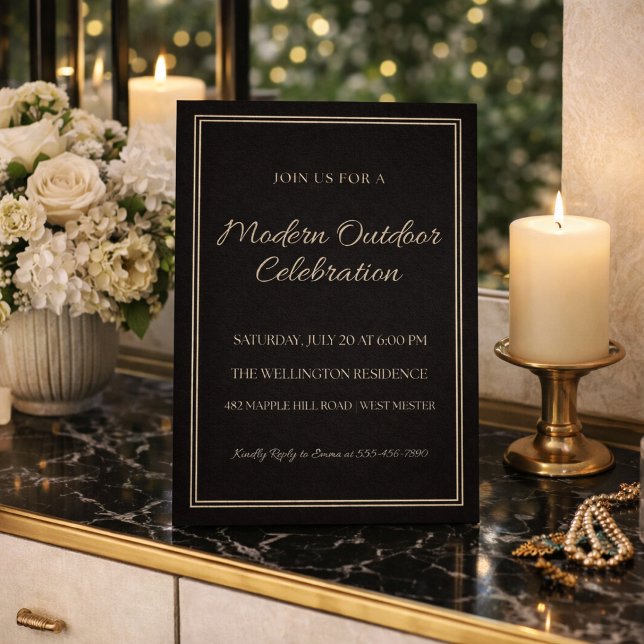 Convite Chic de Noite Marfim Preto (Black and ivory layout with clean lines for a refined evening backyard celebration)