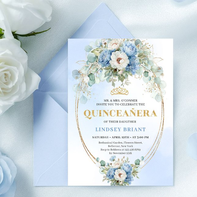 Convite Chic de Quinceañera em Azul Peônia Dourado (Chic Blue Peony Gold Script Quinceañera Invite

)