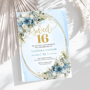 Convite Chic Dusty Blue Floral Eucalipto Sweet 16