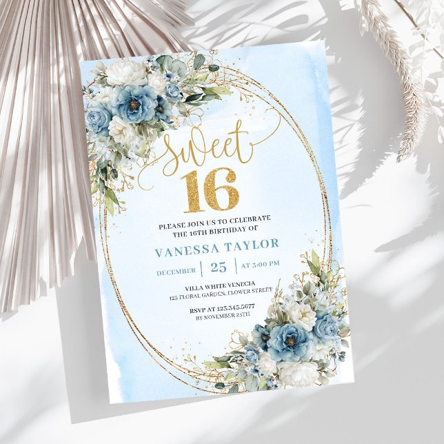 Convite Chic Dusty Blue Floral Eucalipto Sweet 16 (Chic Dusty Blue Floral Eucalyptus Sweet 16th Invite)