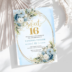 Convite Chic Dusty Blue Floral Gold Sweet Sixteen