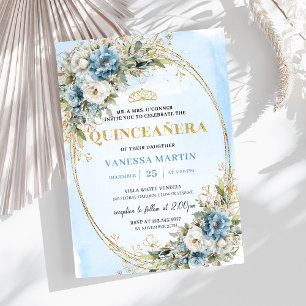 Convite Chic Dusty Blue Gold Greenery Quinceañera