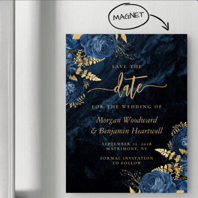Convite Chic Navy Blue Gold Floral Wedding Save the Date (Criador carregado)