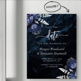 Convite Chic Navy Blue Silver Floral Wedding Save the Date