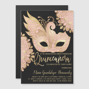 Convite Chic Pink Dourada Mask Español Quinceañera