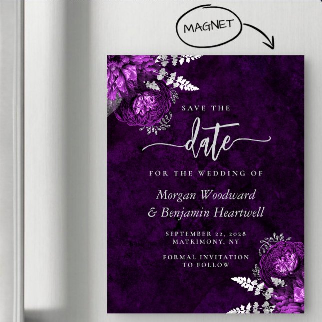 Convite Chic Plum Silver Floral Wedding Save the Date (Criador carregado)