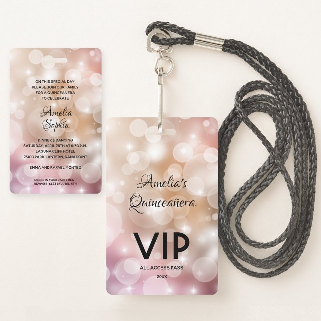 Convite Chic Rosa Blush Quinceañera Crachá VIP (Criador carregado)