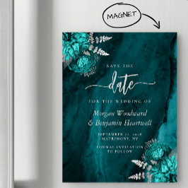 Convite Chic Teal Prata Floral Casamento Salve a Data