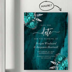 Convite Chic Teal Prata Floral Casamento Salve a Data
