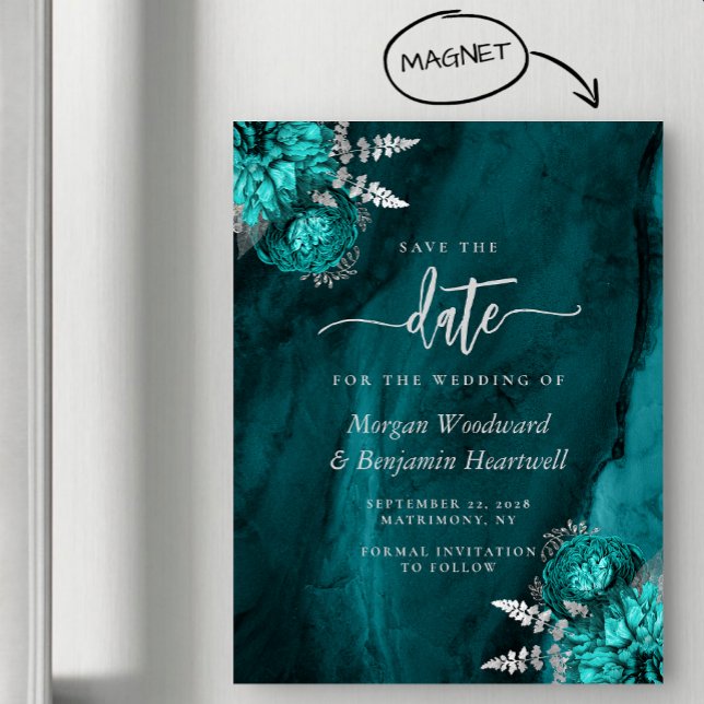 Convite Chic Teal Prata Floral Casamento Salve a Data (Criador carregado)