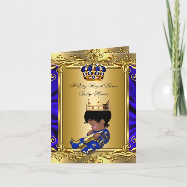 Convite Chuva de Bebê Azul Real Príncipe Dourado Dobrado (Frente)