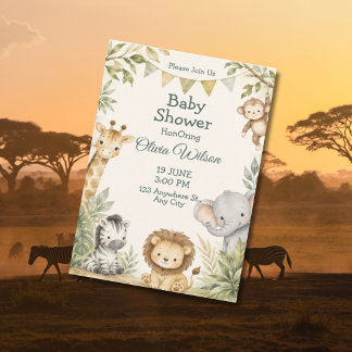 Convite Chuva de Bebê Elefante Girafa Leão Zebra Neutro