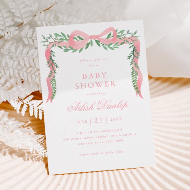Convite Chuva de Bebê Menina com Laço Rosa Elegante e Folh (Elegant Pink Bow Greenery Girl Baby Shower Magnetic Invitation.)