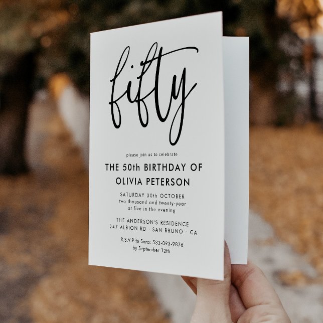 Convite Cinquenta | 50º aniversário preto e branco moderno (Criador carregado)