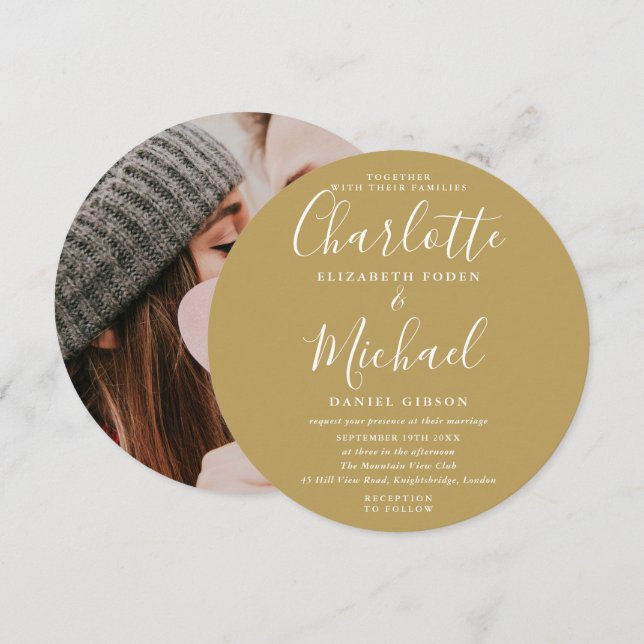 Convite Circular de Casamento com Foto em Letra Do (Frente/Verso)