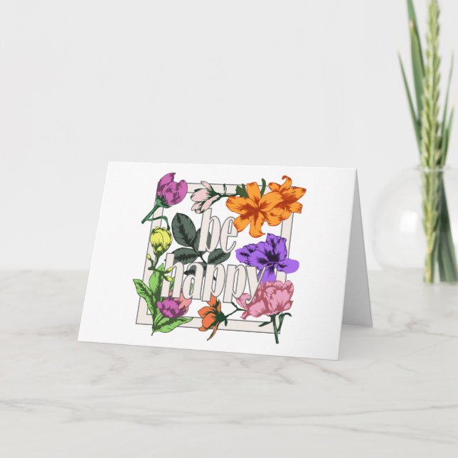 Convite Citação positiva Ser Feliz e flores de jardim (Frente)