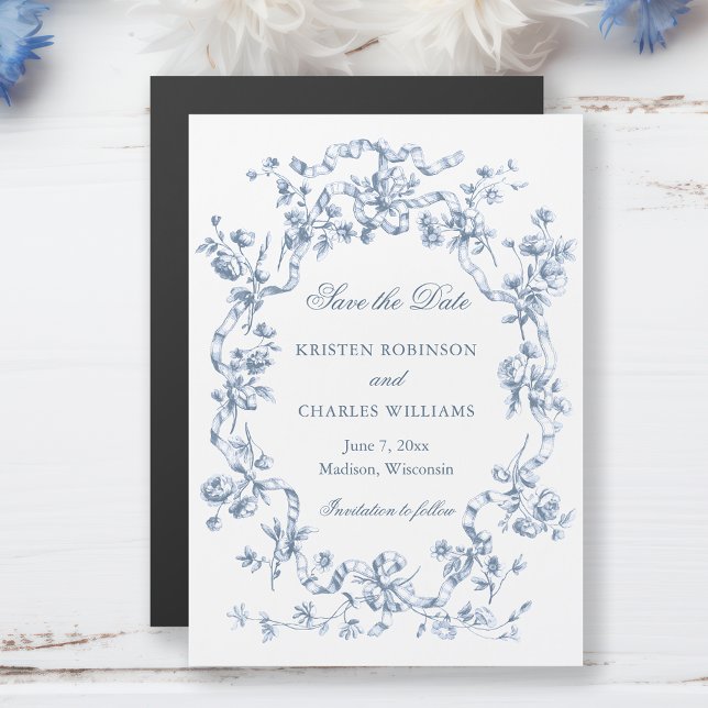Convite Classic Dusty Blue Flowers & Ribbons Save the Date (Criador carregado)