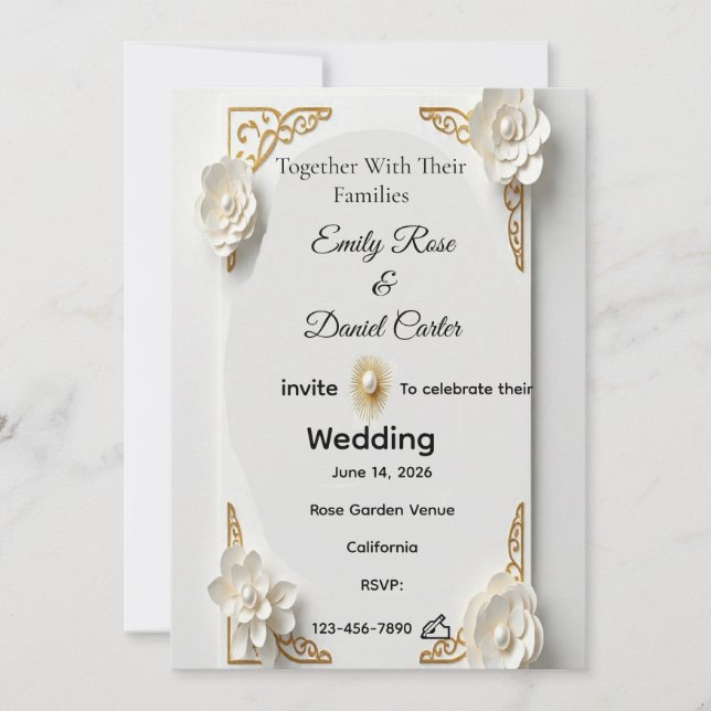 Convite clássico de aquarela com moldura dourada e (Frente)