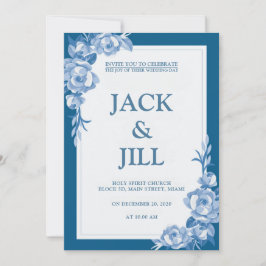 Convite Clássico de Casamento Azul Profundo