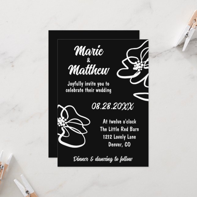 Convite Clássico de Casamento Floral Negro Preto (Frente/Verso In Situ)